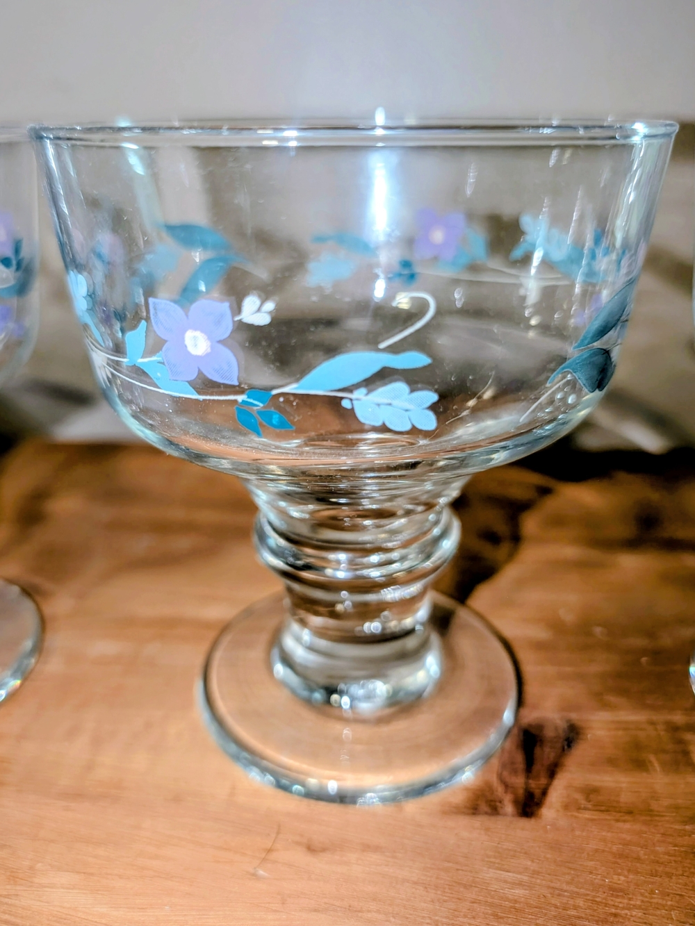 Pfaltzgraff April Glass Dessert Coupe with Blue and Purple Floral Motif